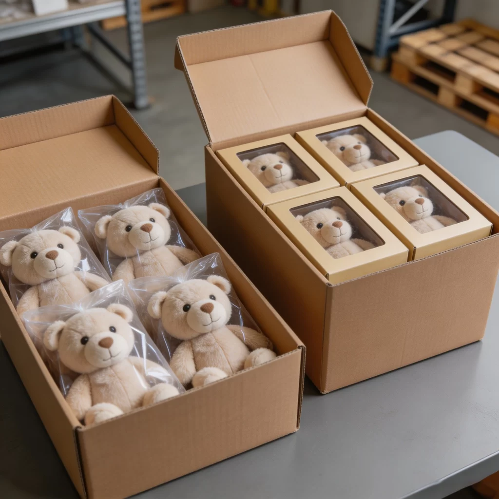 Comparison of bagged and boxed plush toys showing different master-carton space requirements