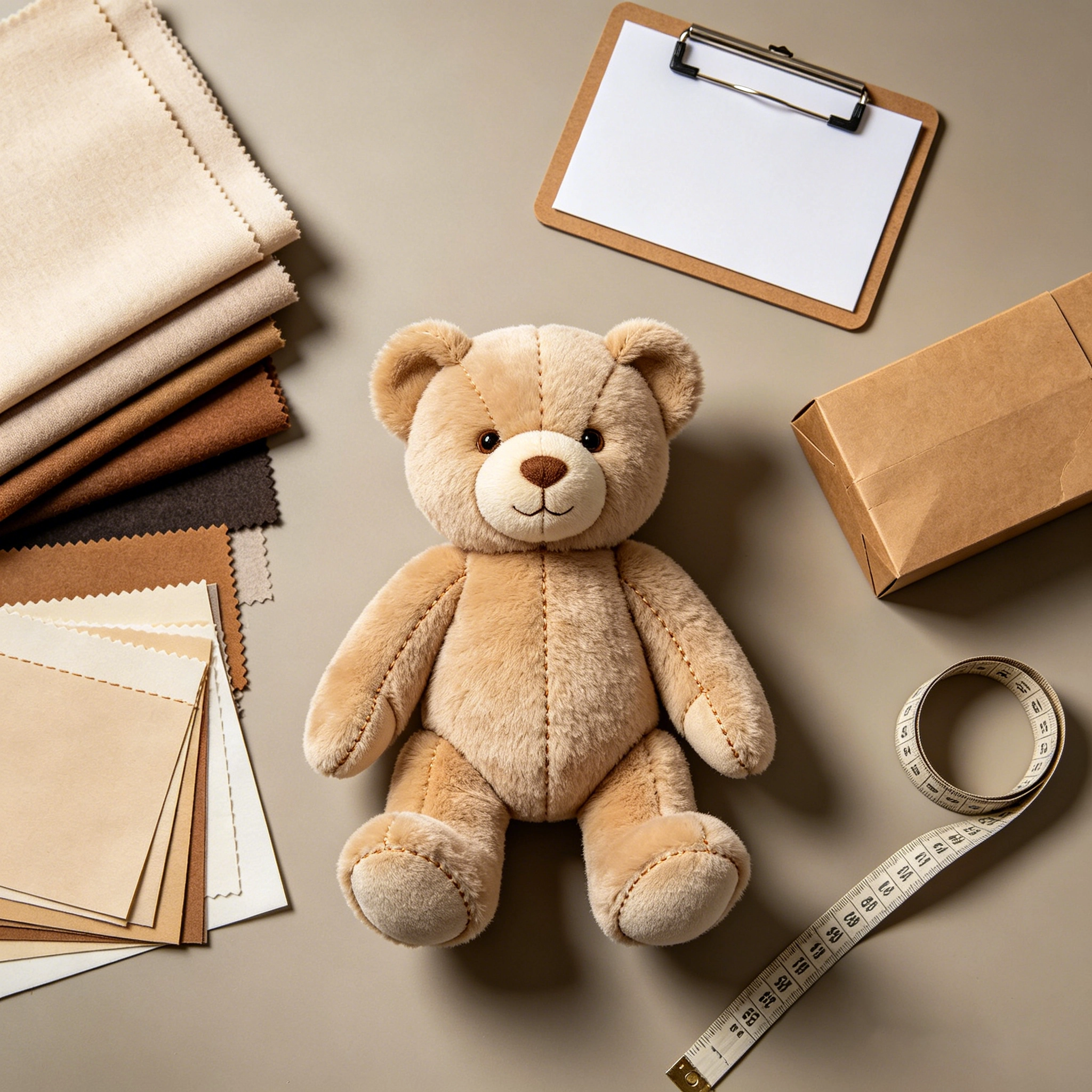 Unbranded plush prototype, colour swatches, packaging mock-up, and measurement tape arranged on a product review table