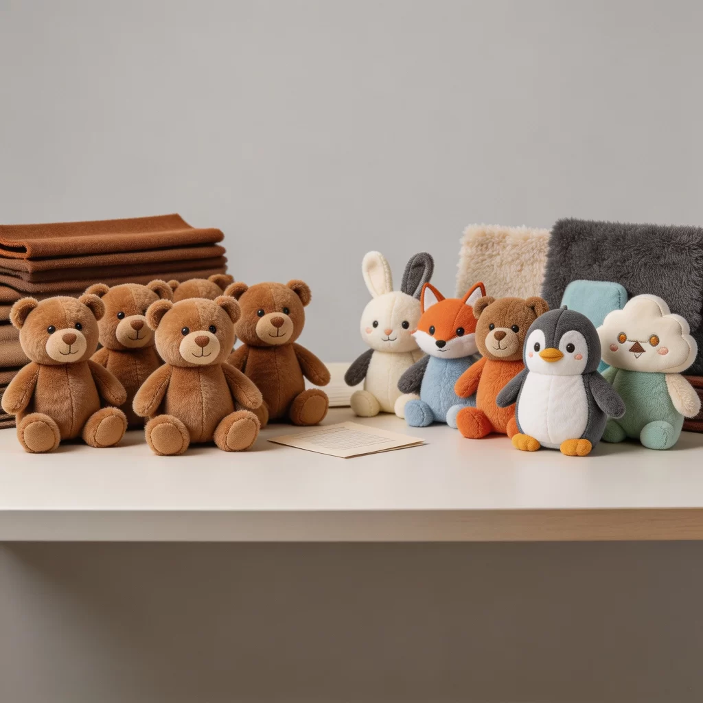 Six small plush samples arranged as separate designs and color variations for MOQ planning