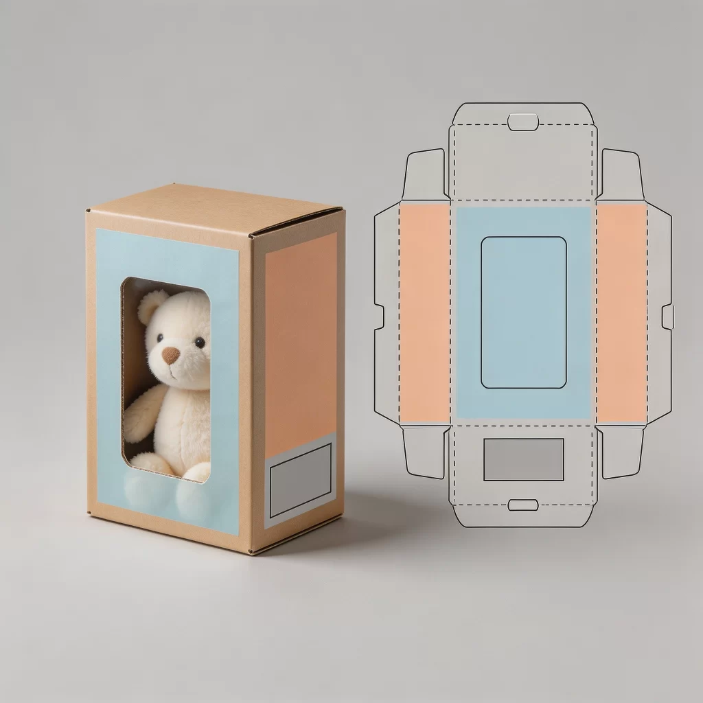 Educational packaging diagram showing separate visual, product information and barcode zones on a plush toy box