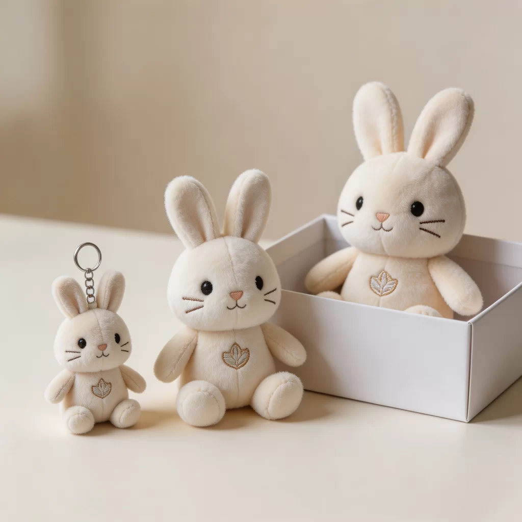 Three plush giveaway sizes arranged for booth visitors, qualified leads and VIP meetings