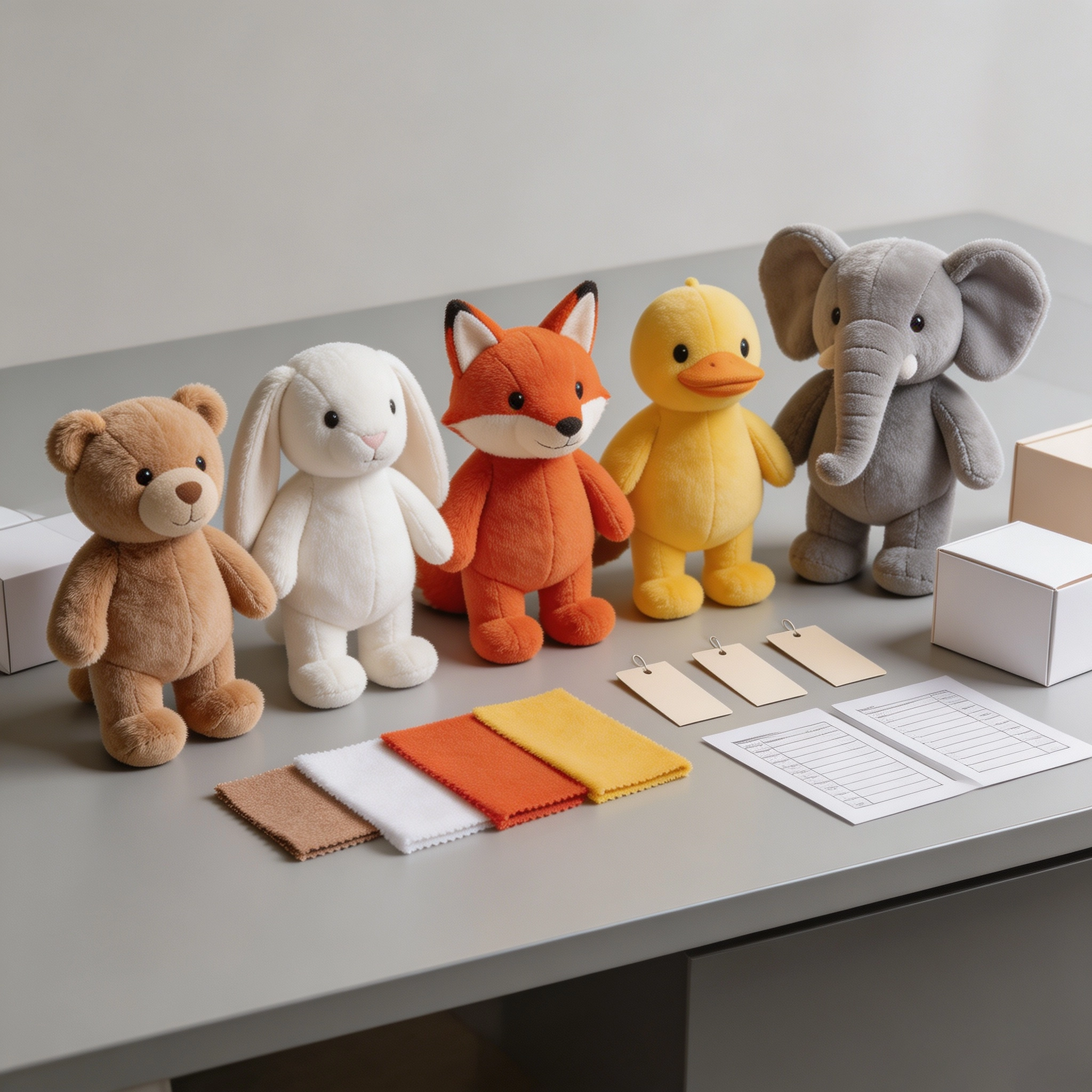 Multiple stuffed animal prototypes reviewed together with fabric swatches and packaging samples.