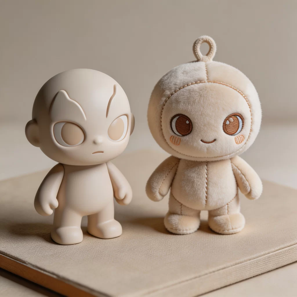 Unbranded vinyl-style figure and plush collectible shown side by side on a product development table