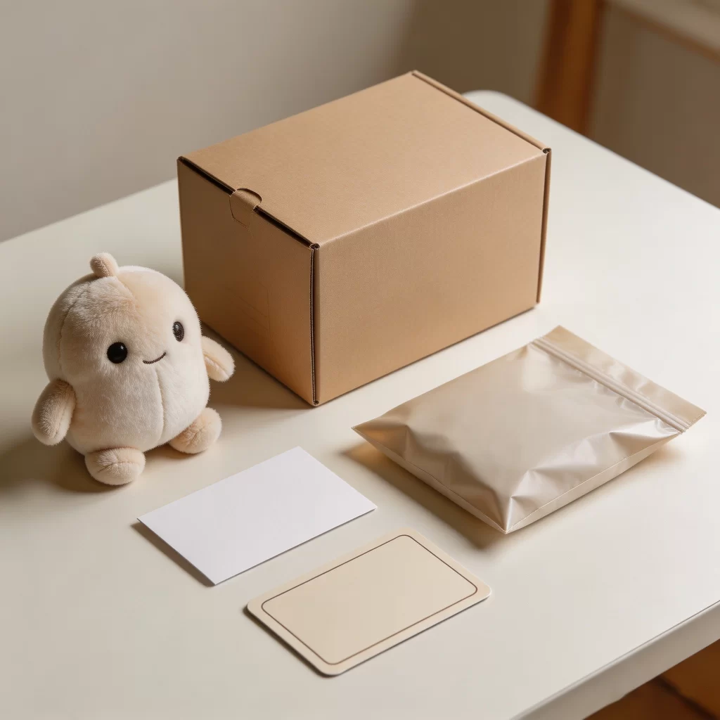 Diagram showing a plush toy mystery box with outer box, inner bag, insert card, collector card, and packed plush position.