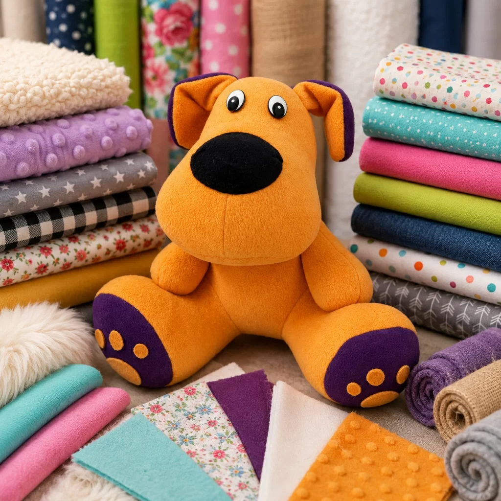 Different plush fabrics arranged for tactile toy material review