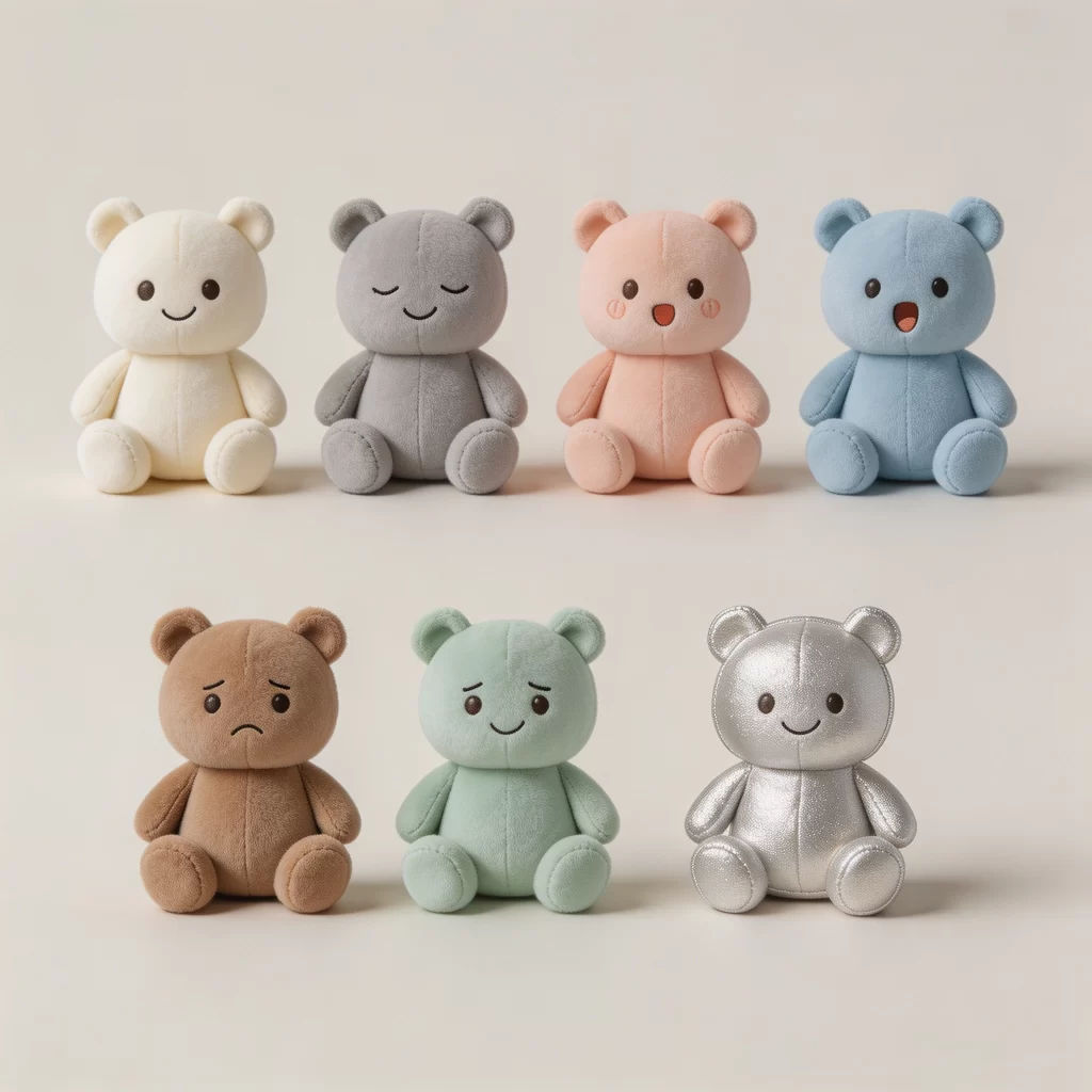 Simple layout showing several regular plush designs and one hidden plush version planned from the same base shape.