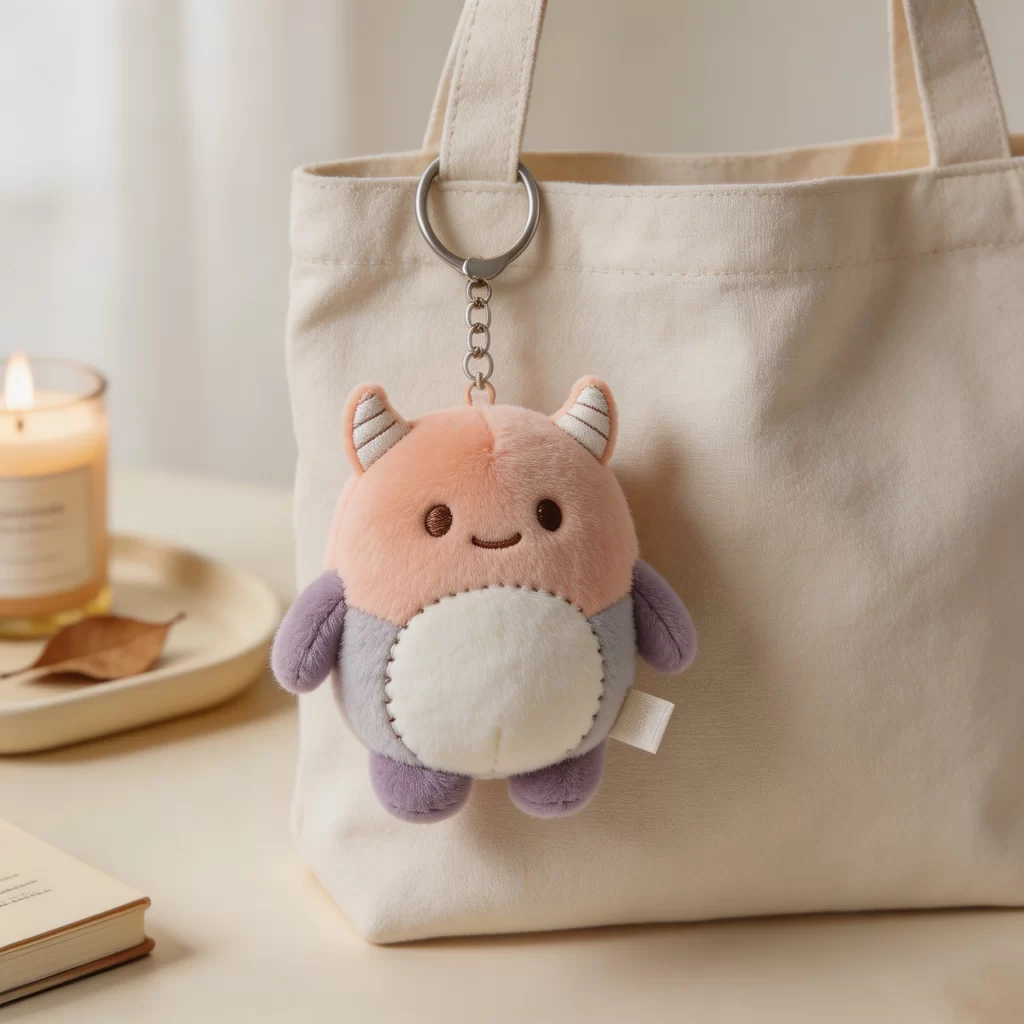 Small designer plush charm attached to a plain bag beside a desk setup