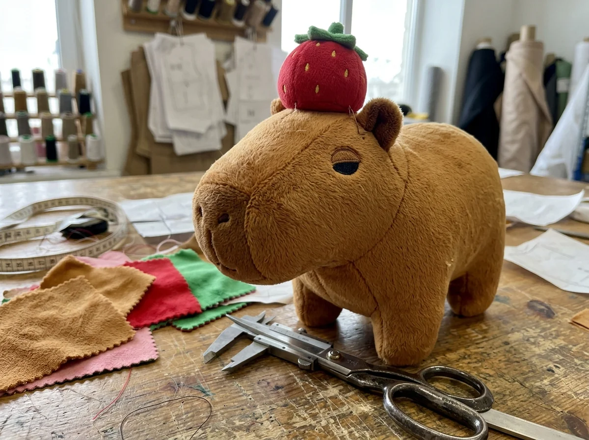 Sample room workbench showing a custom caramel-brown capybara plush prototype with a detachable strawberry hat accessory, calipers, and fabric swatches