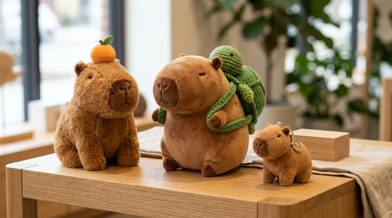 Wooden display table showcasing three custom capybara plush variations with a plush orange topper, knitted green turtle backpack, and keychain charm