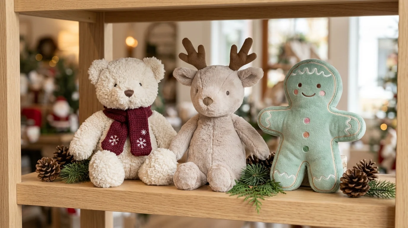 Retail display shelf featuring custom Christmas stuffed animals including a holiday teddy bear, minky reindeer, and plush gingerbread character