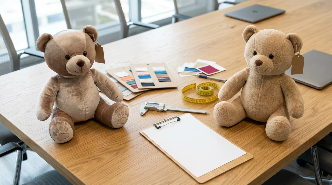Two custom teddy bear plush prototypes sitting side by side on a conference table with fabric swatch cards, digital calipers, and measuring tape for quotation comparison