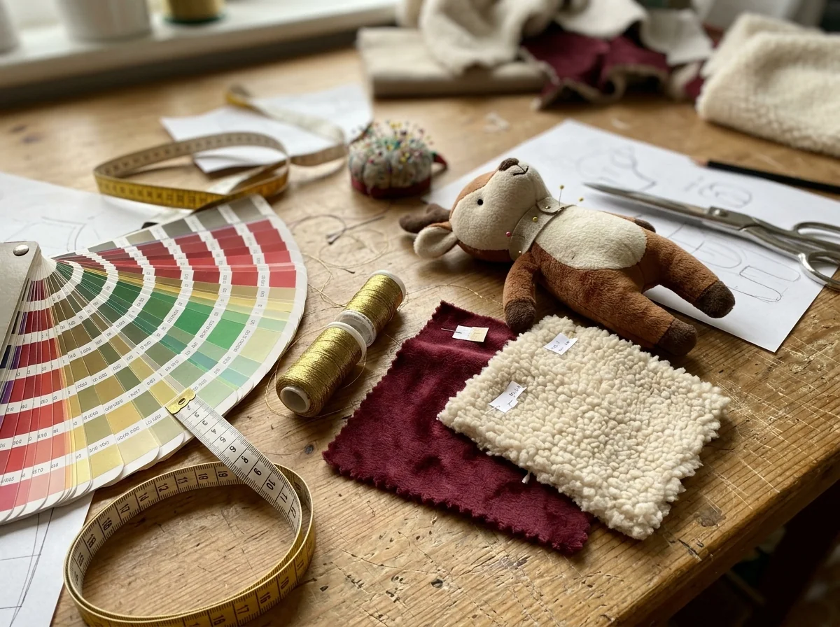 Plush toy designer workbench with burgundy velboa, cream sherpa fleece swatches, Pantone guide, and Christmas reindeer plush sample