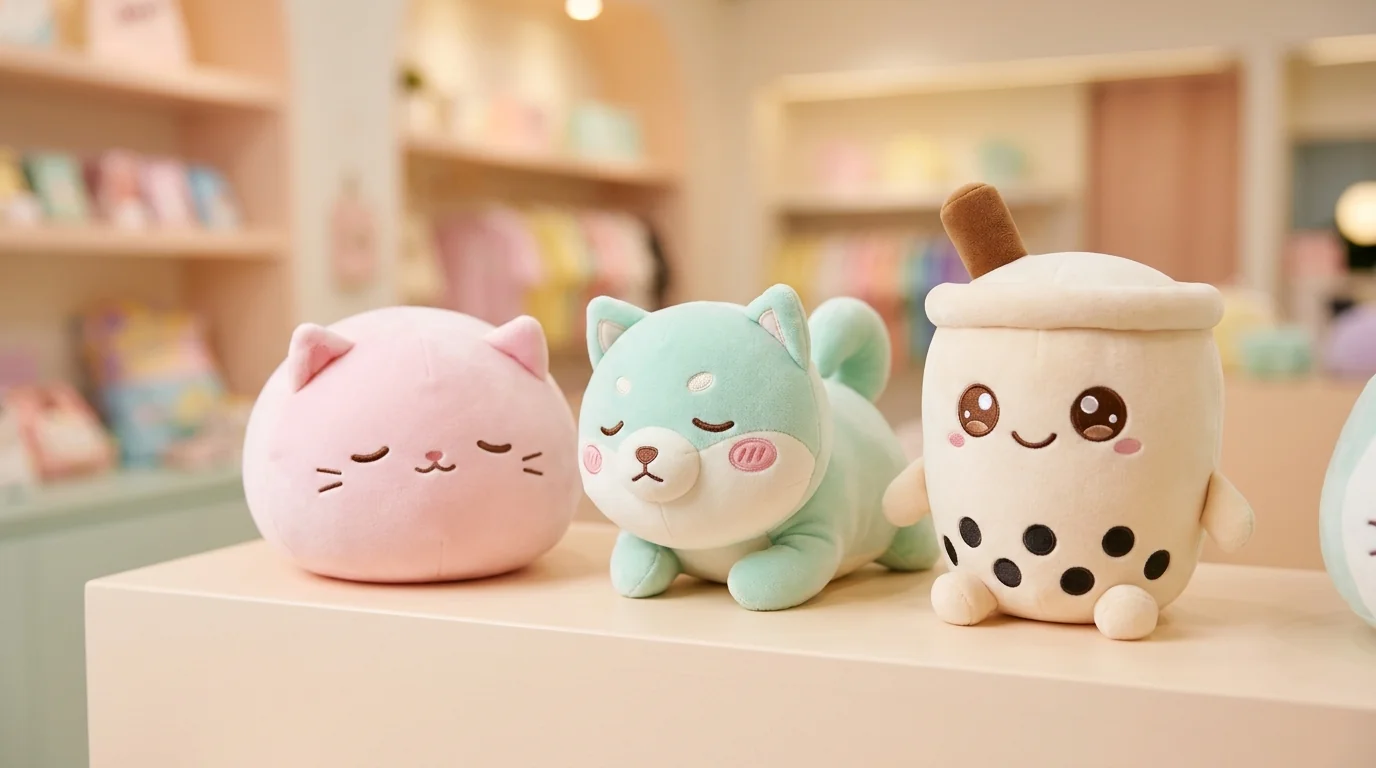 Minimalist pastel retail display featuring Japanese-style kawaii plush toys including a pink mochi cat, mint shiba inu, and boba tea character plush