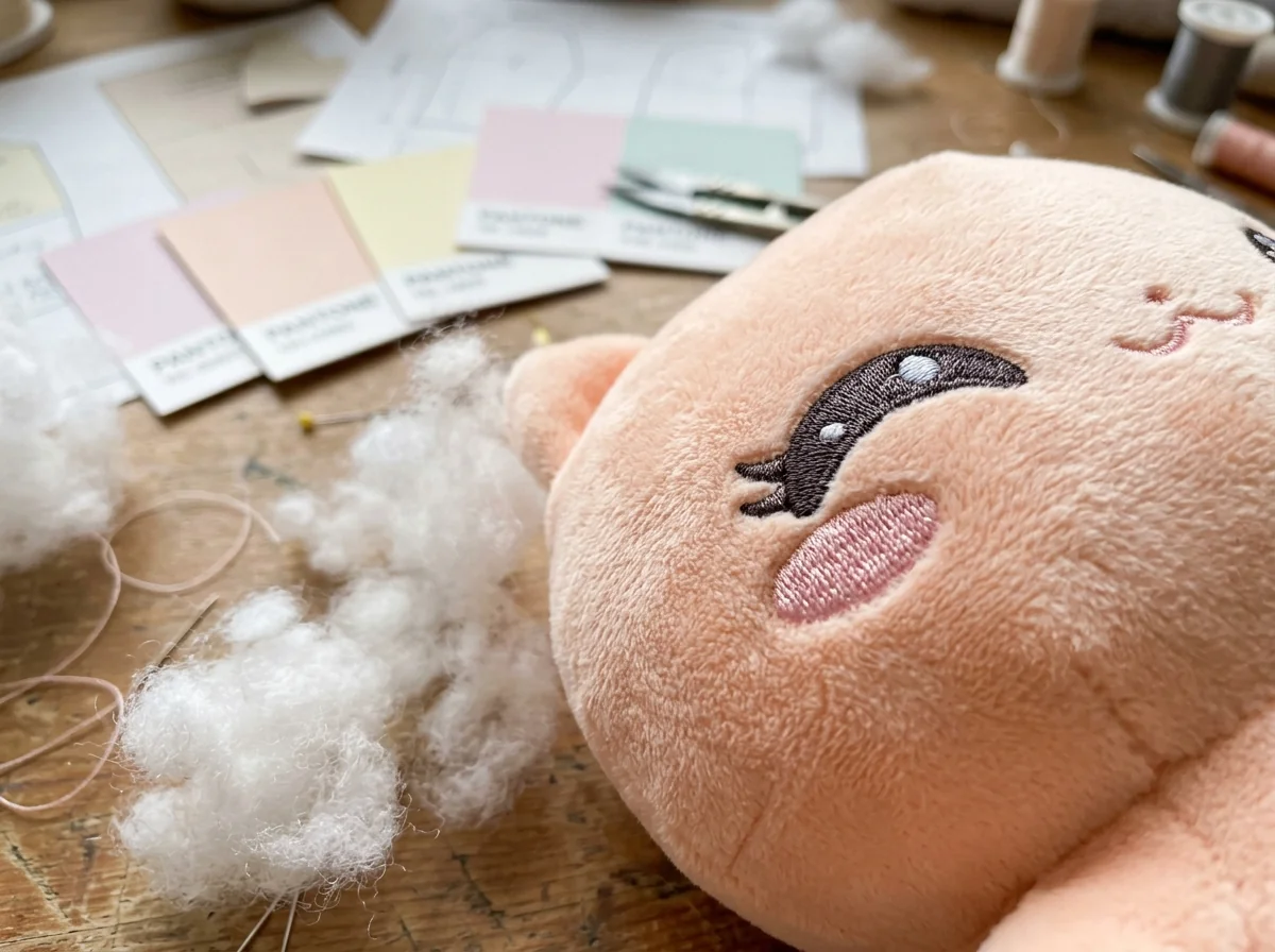 Macro close-up of pastel peach four-way stretch mochi minky fabric with satin-embroidered kawaii eyes, pink blush cheeks, and ultra-fine down cotton stuffing