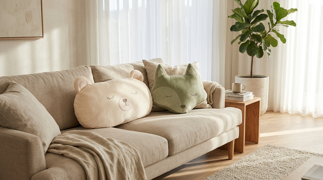 Lifestyle-Plush-Pillows-Home-Decor Modern living room couch styled with decorative soft animal plush pillows and neutral home textiles