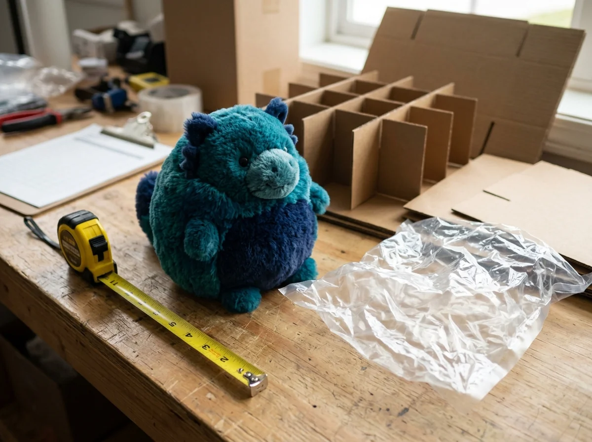Plush-Packaging-Carton-Dimension-Check Quality control workbench showing an unpacked plush animal rebounding to full loft next to a yellow measuring tape, vacuum polybag, and cardboard carton dividers