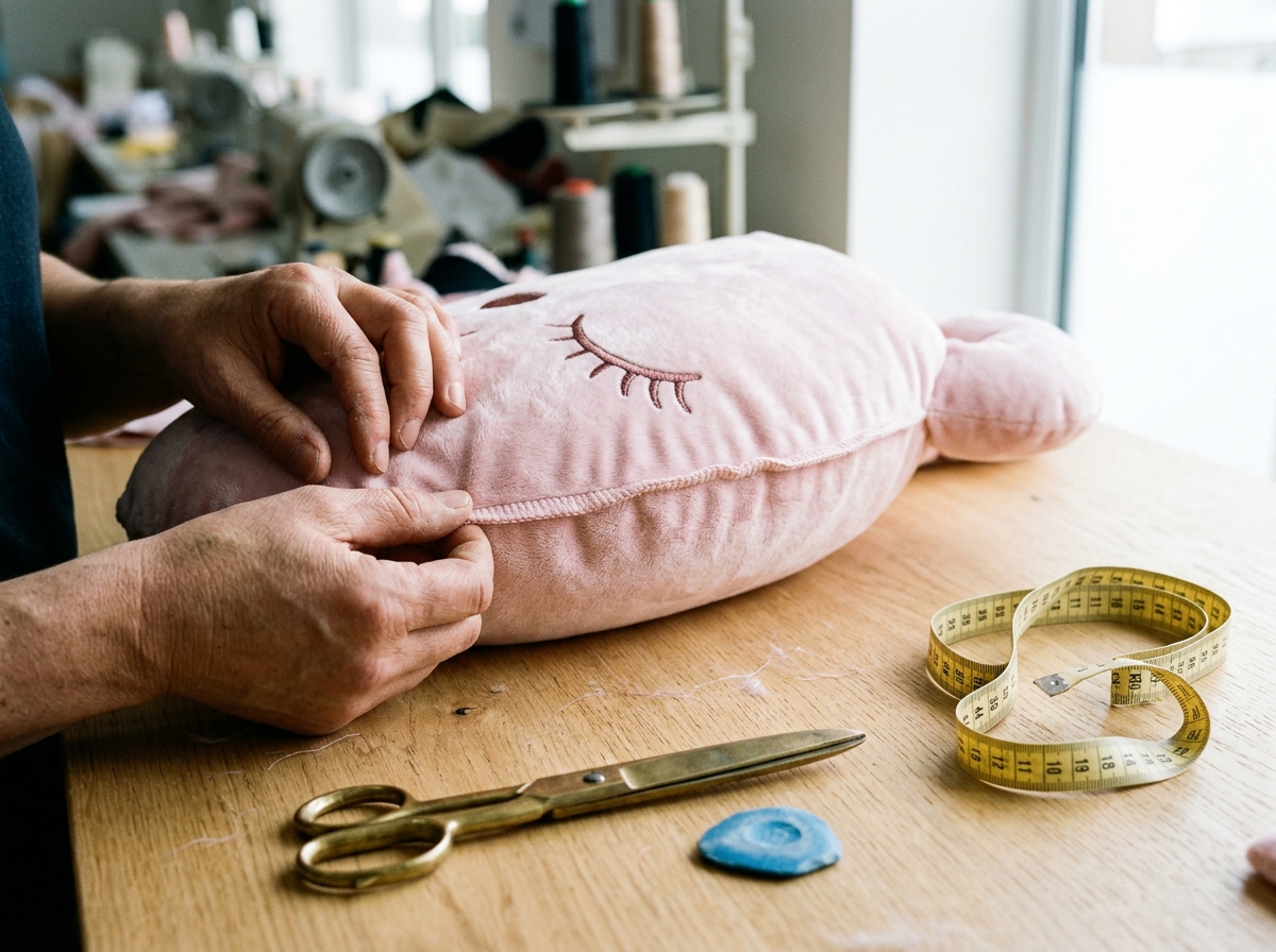 Plush-Pillow-Precision-Embroidery-Detail Close-up of reinforced seam stitching and high-density satin embroidery on a custom plush pillow shell