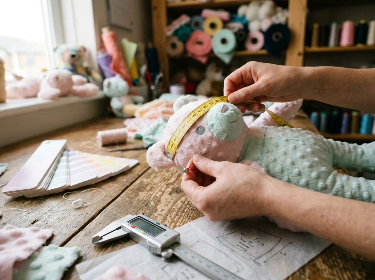 Plush-Prototype-Feedback-Pinning-Measurement Pattern maker using pearl pins and yellow metric tape to measure eye spacing and ear seam alignment on a pastel minky bear plush sample