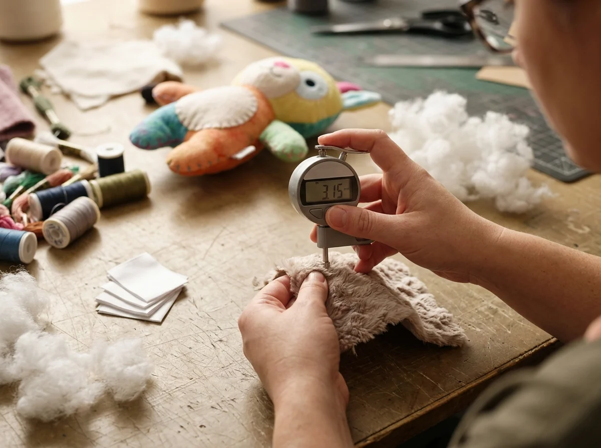 Quality technician measuring plush minky fabric thickness with a digital gauge beside virgin polyester fiberfill, embroidery threads, and woven care labels