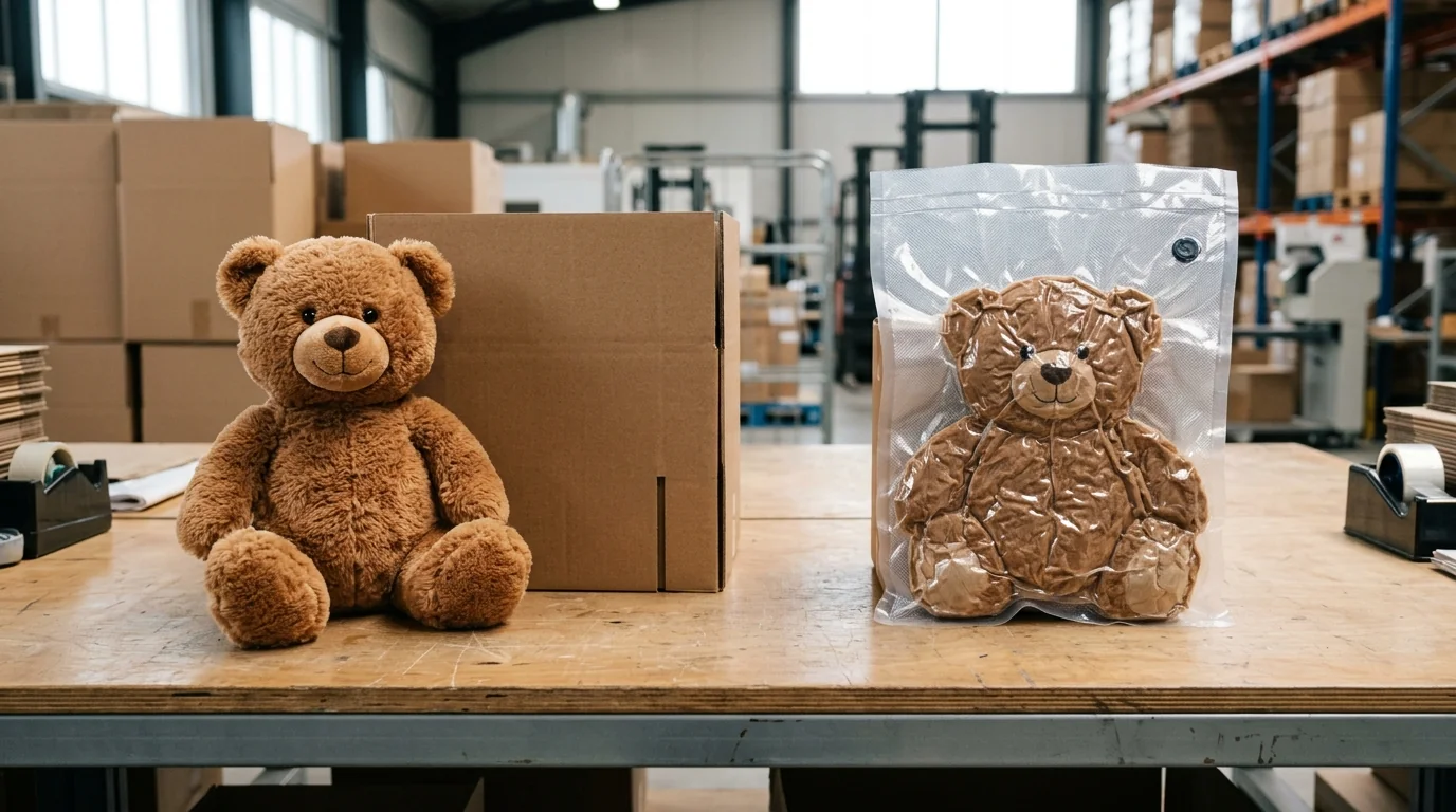 Plush-Toy-Landed-Cost-Vacuum-Packaging Comparison on a warehouse packing table showing a fluffy 30cm brown bear plush beside a master carton and an identical bear compressed flat in a vacuum polybag