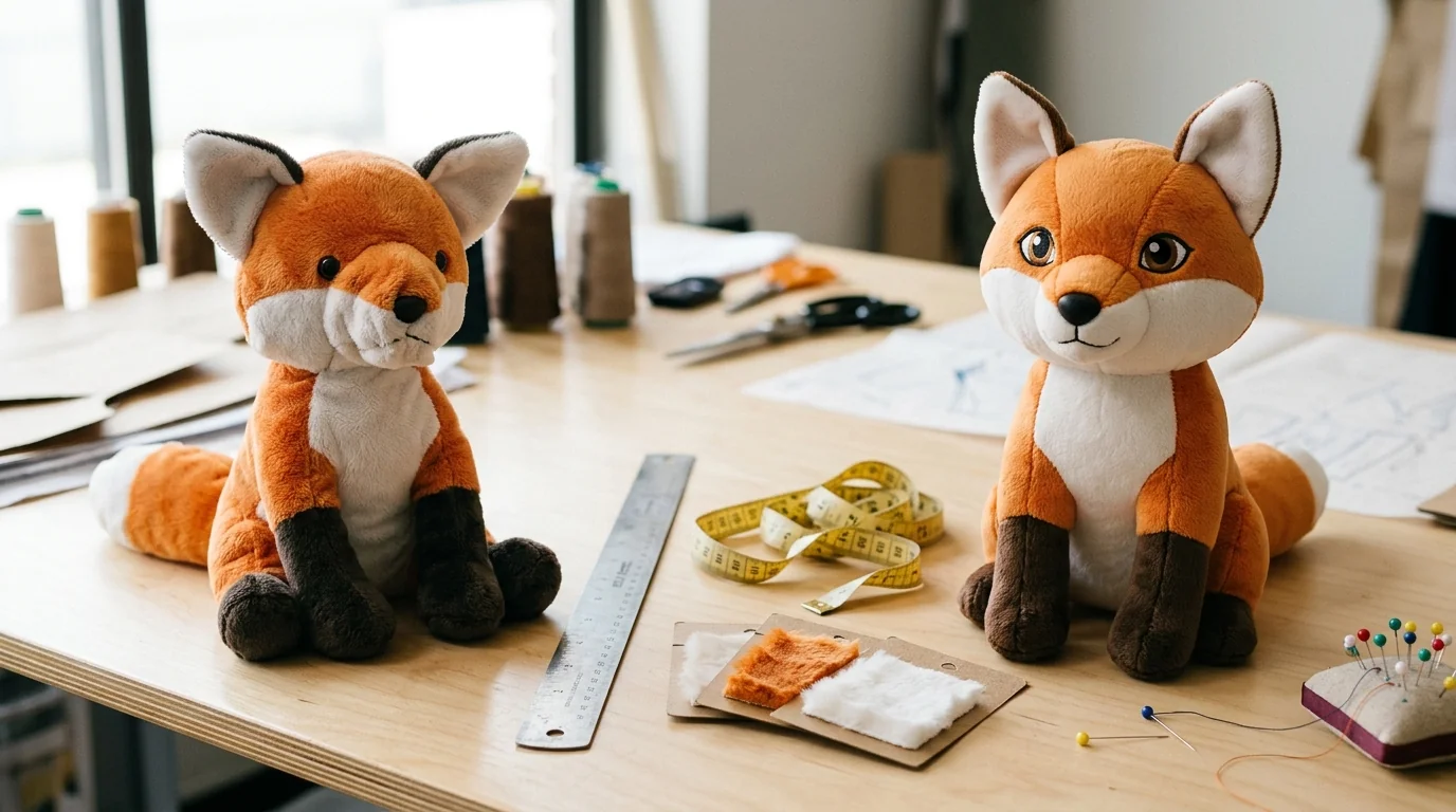 Plush-Toy-Sample-Revision-Checklist-Comparison Side-by-side comparison of V1 and V2 custom fox plush prototypes on a sample table with measuring tape, steel ruler, fabric swatches, and pins