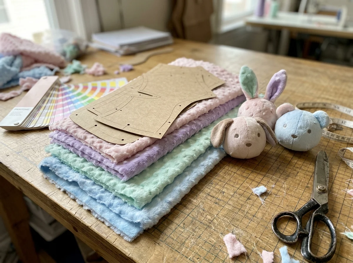 Shared-Pattern-Plush-Production-Cutting-Templates Plush factory pattern table showing reusable laser-cut paper pattern templates over four pastel minky fabric layers alongside three animal heads with different ears