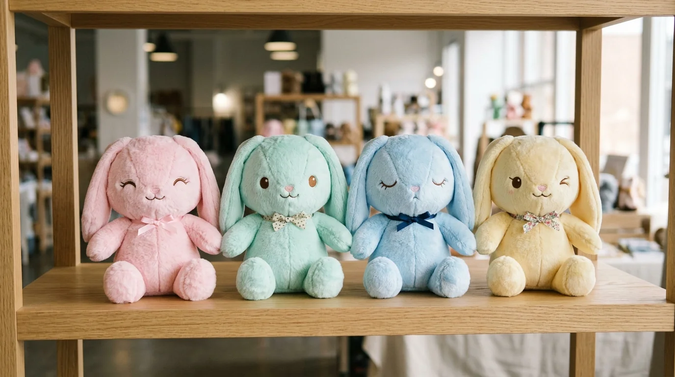 Split-Plush-Toy-MOQ-Multi-Color-Assortment Four custom pastel bunny plush toys on a wooden shelf sharing the exact same seated body pattern across pink, mint, blue, and yellow minky colors